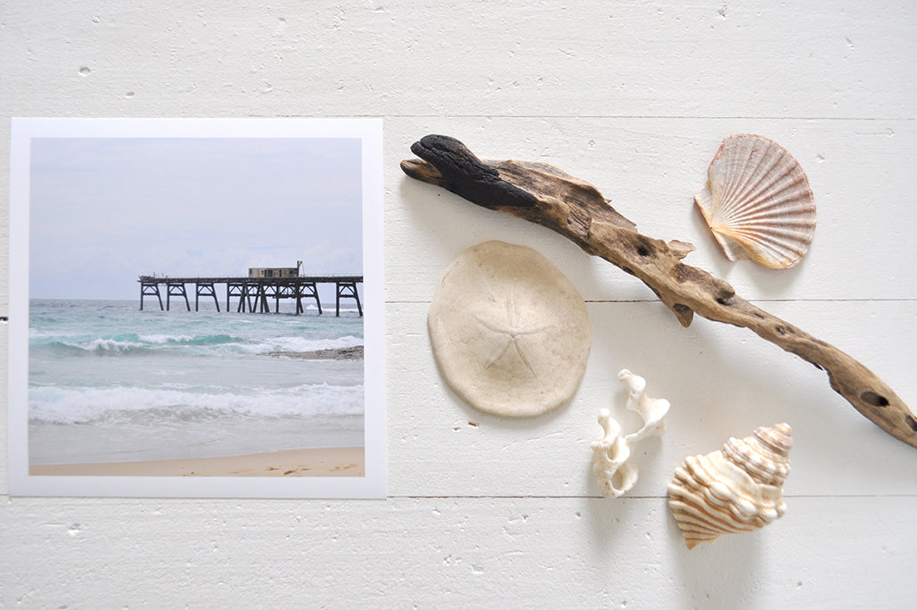 Pinch River unframed 17cm x 17cm Photographic Print on Paper Titled: Catherine Hill Bay Jetty. The subject of the print is the iconic Catherine Hill Bay Jetty from the beach, waves rolling in and beautiful aqua blue of the water in the background. Top view with sea shells and driftwood next to it to style the product image.