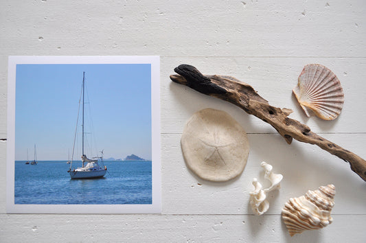 Pinch River unframed 17cm x 17cm Photographic Print on Paper Titled: Sail Away with Me. The subject of the print is a sailboat on the ocean. Top view with sea shells and driftwood next to it to style the product image.