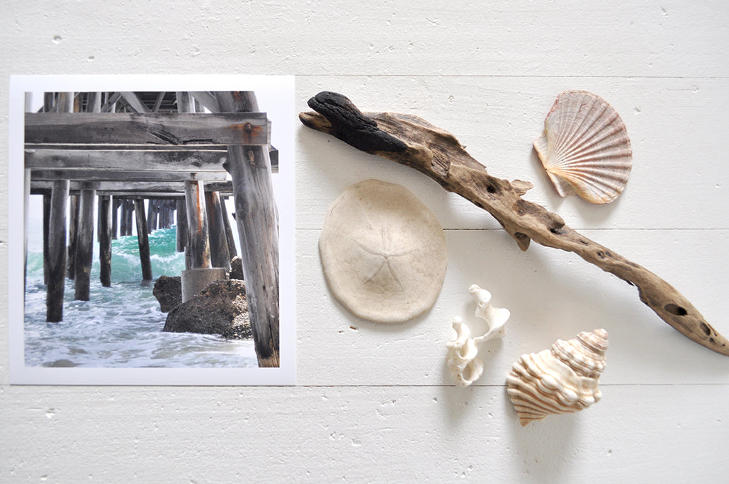 Pinch River unframed 17cm x 17cm Photographic Print on Paper Titled: Underneath the Jetty #1. The subject of the print is a close-up of the iconic Catherine Hill Bay Jetty from underneath, with the weather-worn timber pilings, waves rolling in and beautiful aqua blue of the water in the background. Top view with sea shells and driftwood next to it to style the product image.