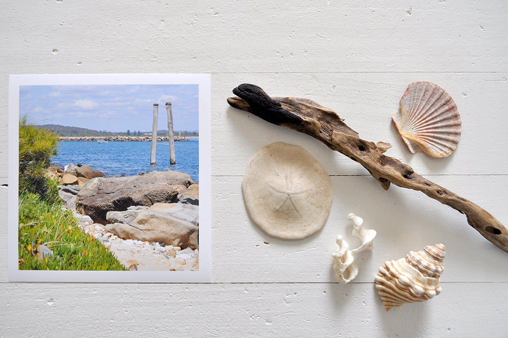 Pinch River unframed 17cm x 17cm Photographic Print on Paper Titled: Reids Reserve #1. The subject of the print is a coastal rocky outcrop looking out over the ocean, with mooring posts in the background looking towards the lake's entrance. Top view with sea shells and driftwood next to it to style the product image.