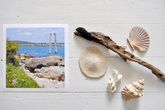 Pinch River unframed 17cm x 17cm Photographic Print on Paper Titled: Reids Reserve #1. The subject of the print is a coastal rocky outcrop looking out over the ocean, with mooring posts in the background looking towards the lake's entrance. Top view with sea shells and driftwood next to it to style the product image.