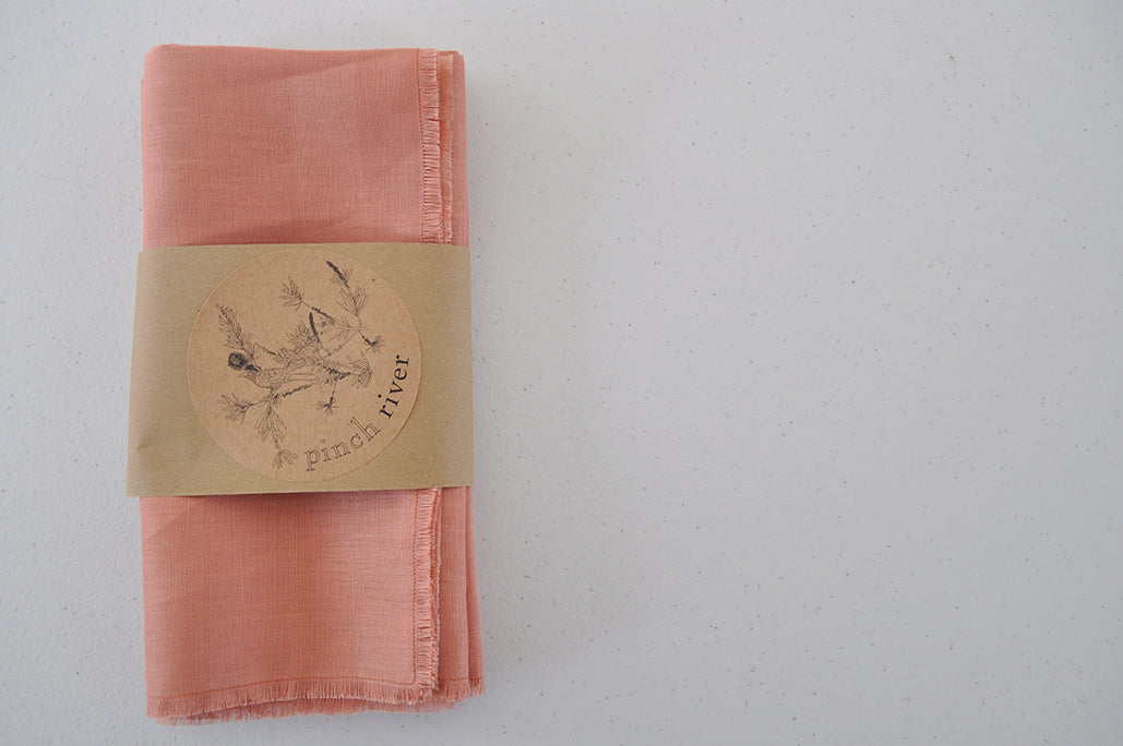 Set of 4 Pinch River pure linen napkins in Coral a branded belly band / product sleeve. Top view.