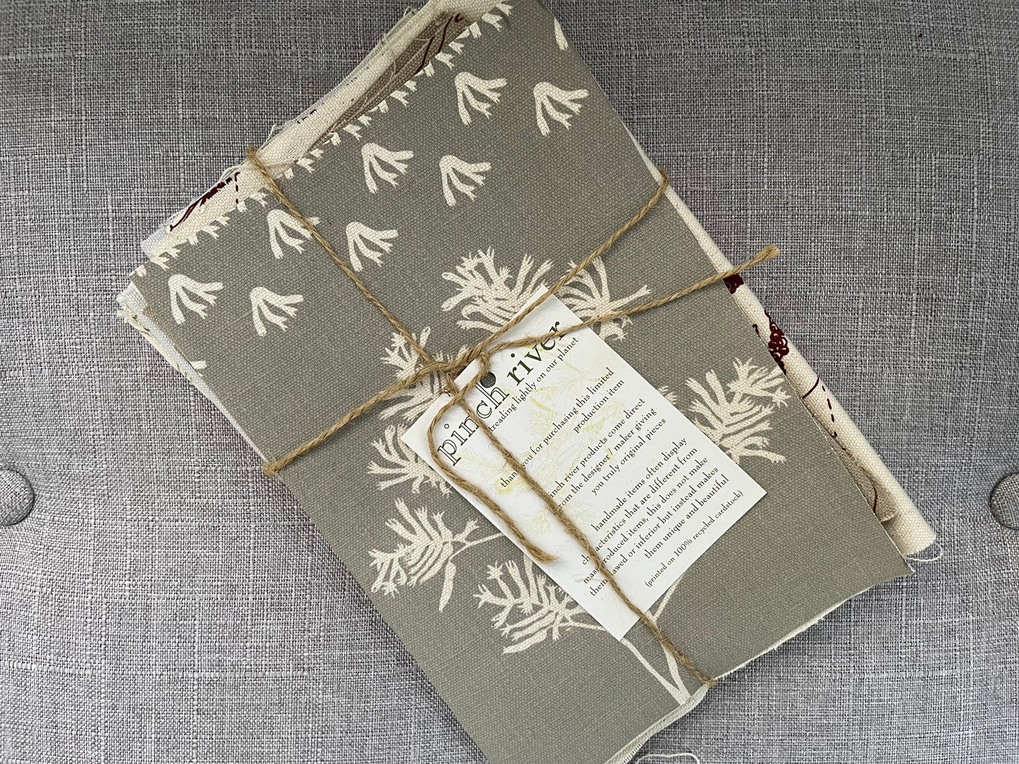 Pinch River handprinted fabric off-cut / fabric remnant bundle No. 1. Top view.