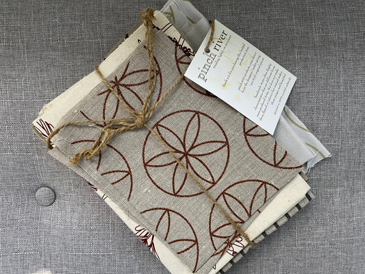 Pinch River handprinted fabric off-cut / fabric remnant bundle No. 2. Top view.