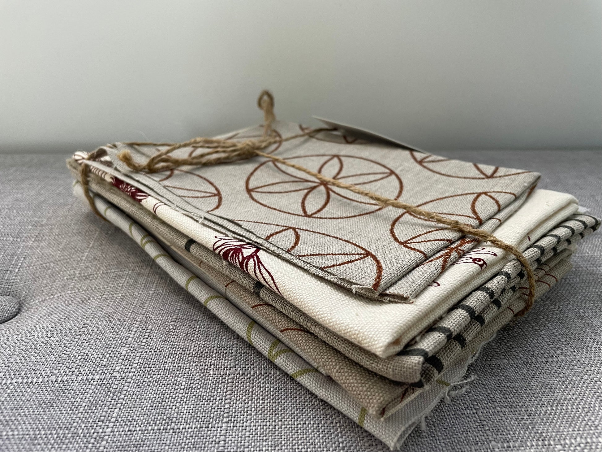 Pinch River handprinted fabric off-cut / fabric remnant bundle No. 2. Side view.