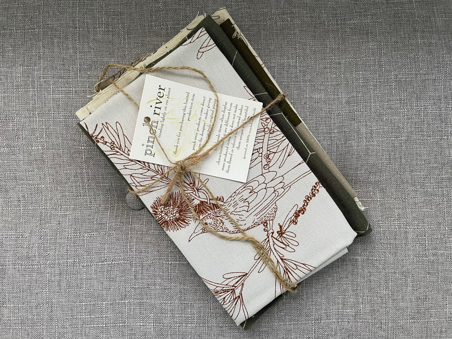 Pinch River handprinted fabric off-cut / fabric remnant bundle No. 3. Top view.