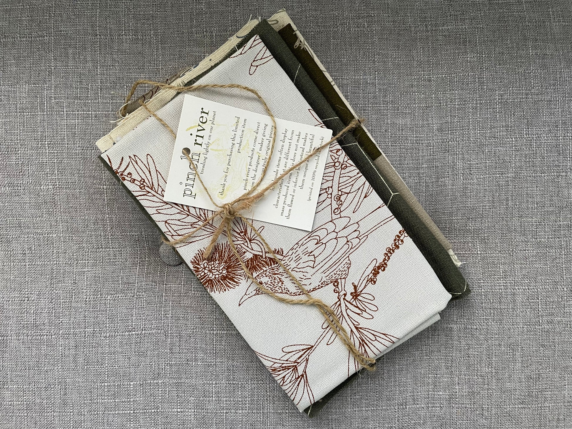 Pinch River handprinted fabric off-cut / fabric remnant bundle No. 3. Top view.