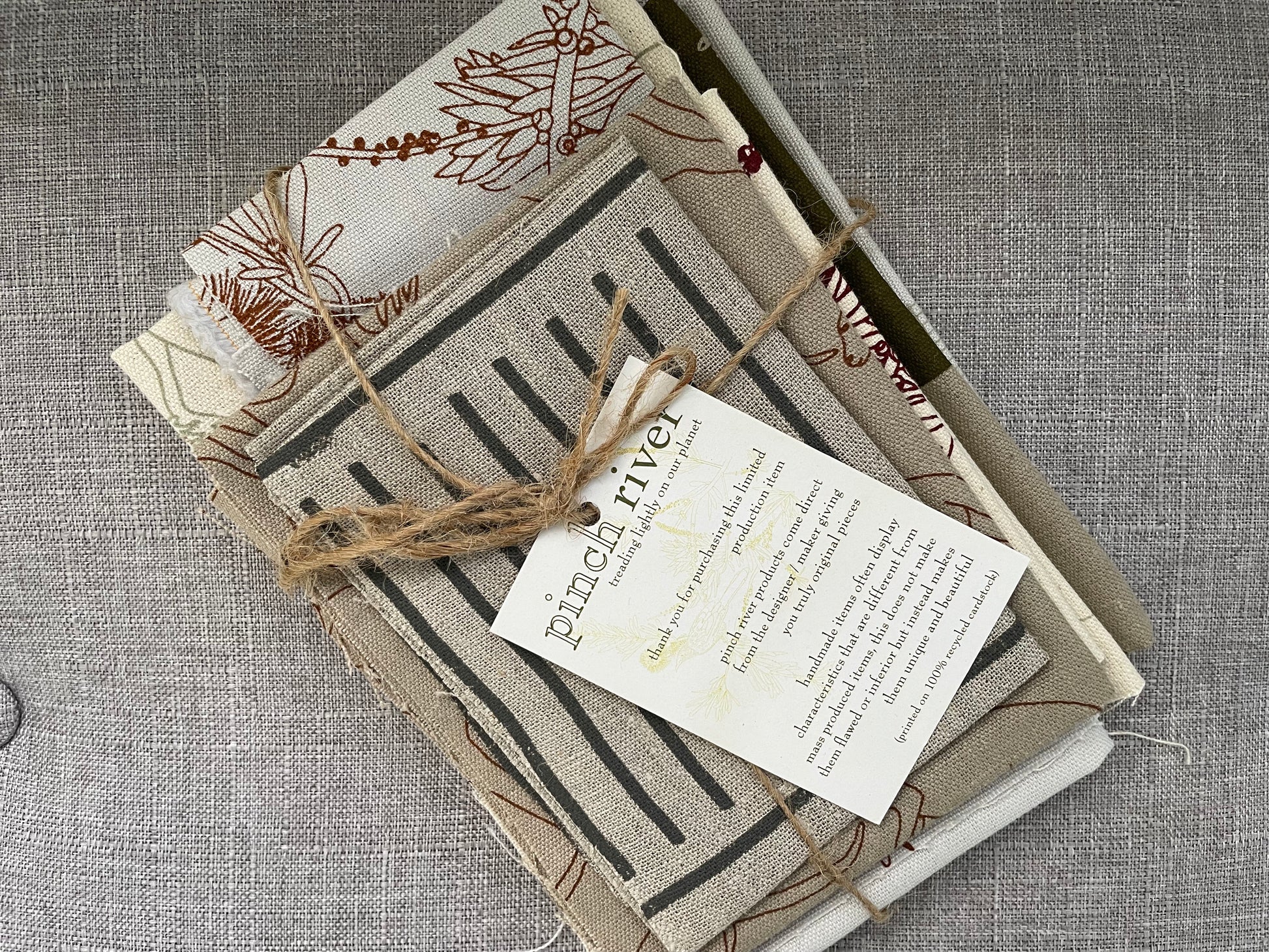 Pinch River handprinted fabric off-cut / fabric remnant bundle No. 4. Top view.