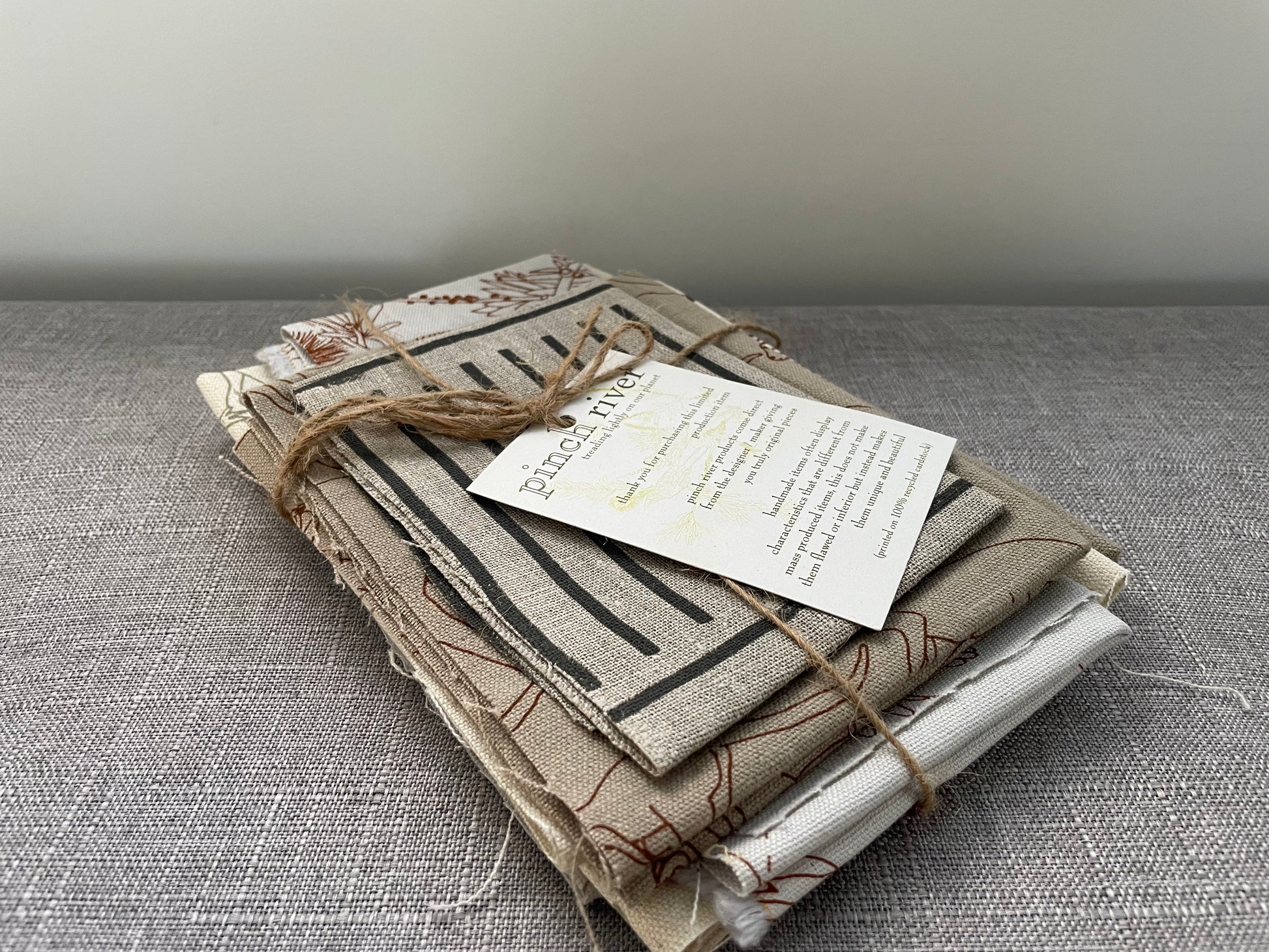 Pinch River handprinted fabric off-cut / fabric remnant bundle No. 4. Side view.