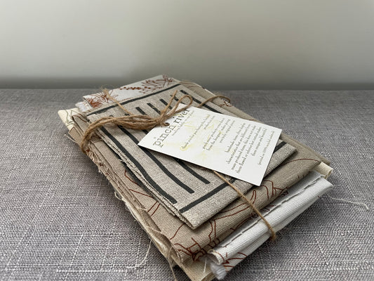 Pinch River handprinted fabric off-cut / fabric remnant bundle No. 4. Side view.