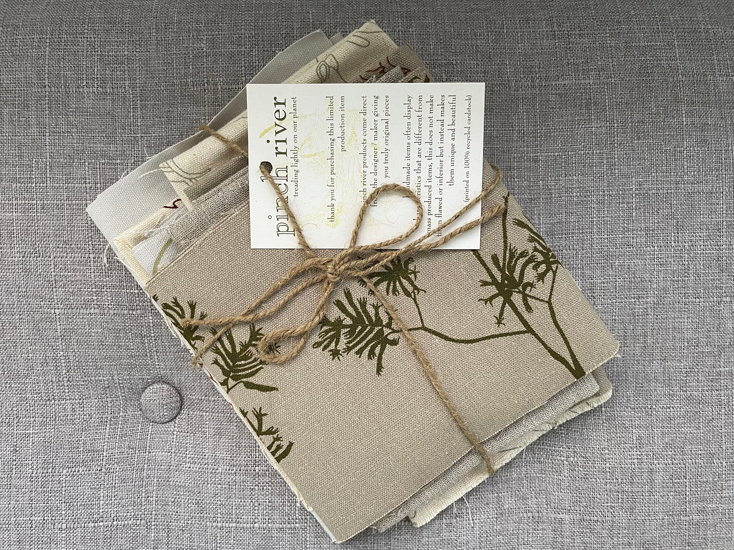 Pinch River handprinted fabric off-cut / fabric remnant bundle No. 5. Top view.