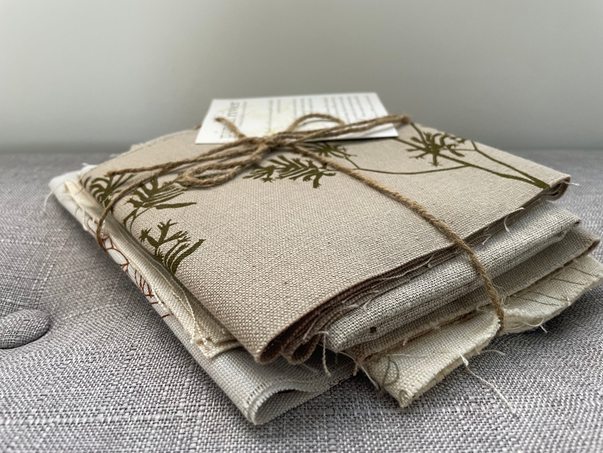 Pinch River handprinted fabric off-cut / fabric remnant bundle No. 5.  Side view.