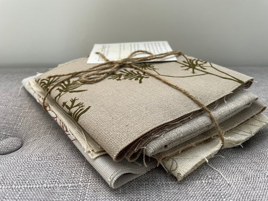 Pinch River handprinted fabric off-cut / fabric remnant bundle No. 5.  Side view.