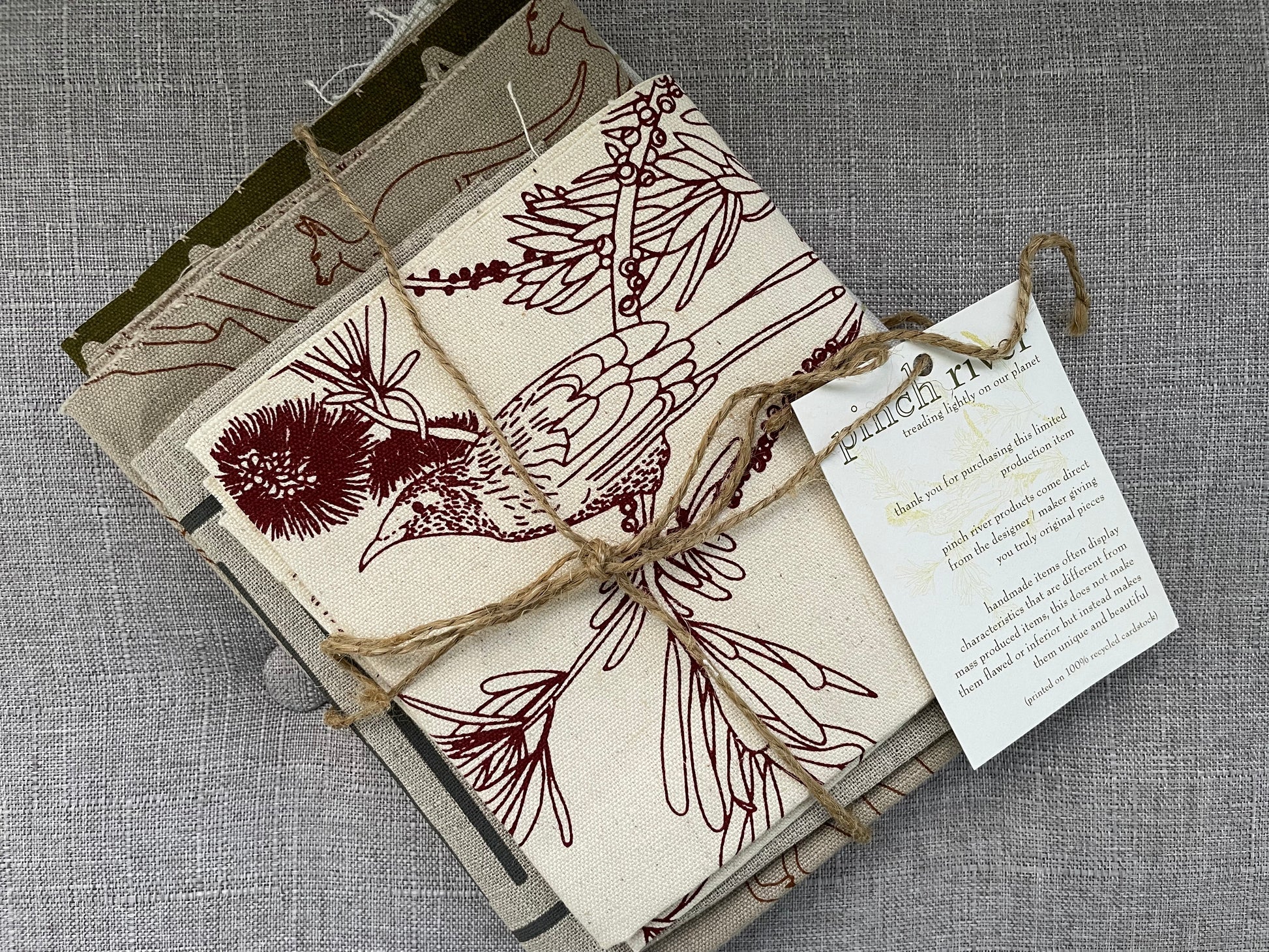 Pinch River handprinted fabric off-cut / fabric remnant bundle No. 6. Top view.