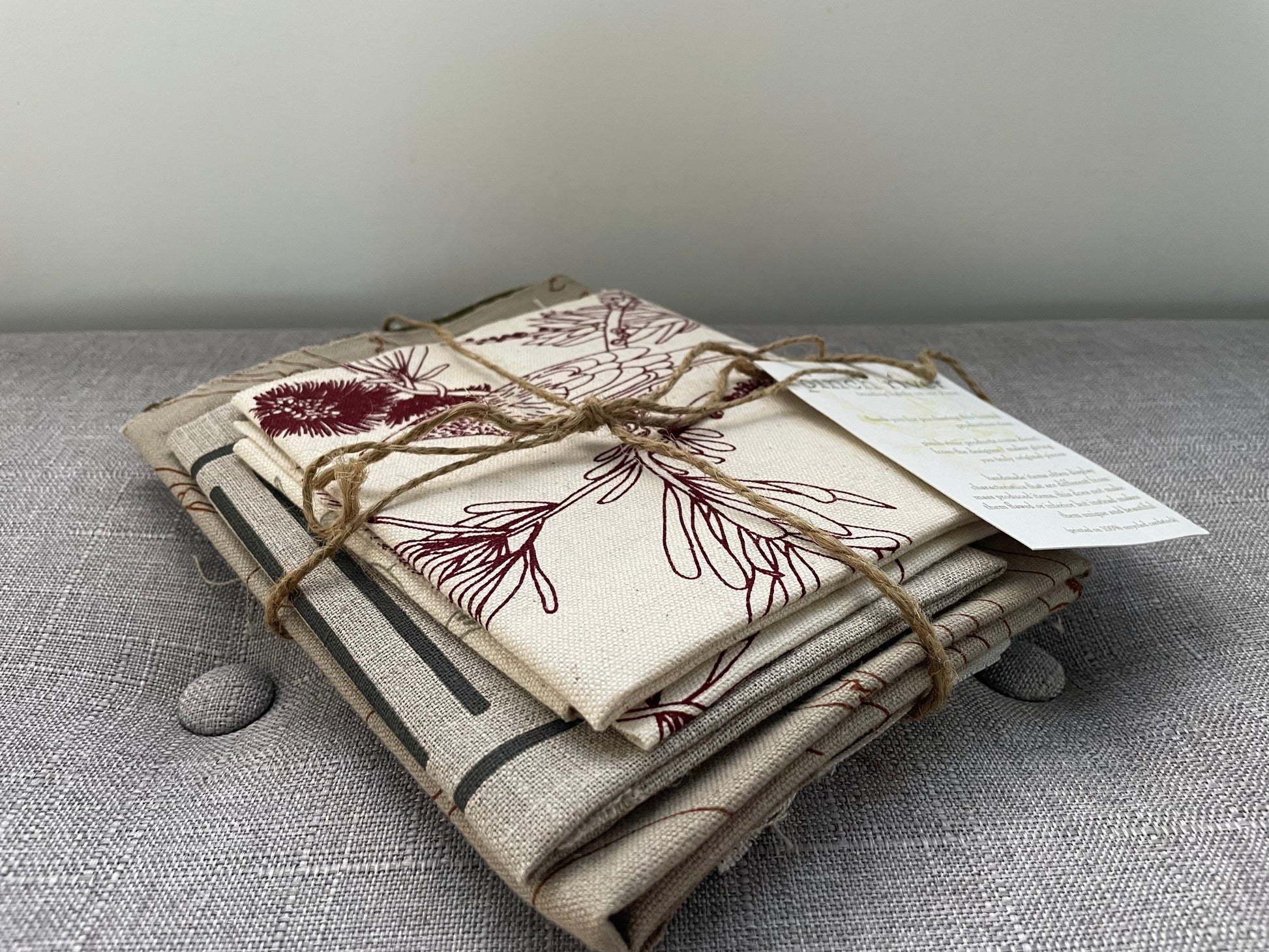 Pinch River handprinted fabric off-cut / fabric remnant bundle No. 6. Side view.