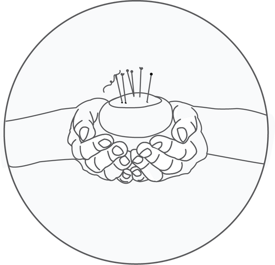 Illustration of two hands holding a pin cushion with pins. This illustration conveys Pinch River products are handmade.