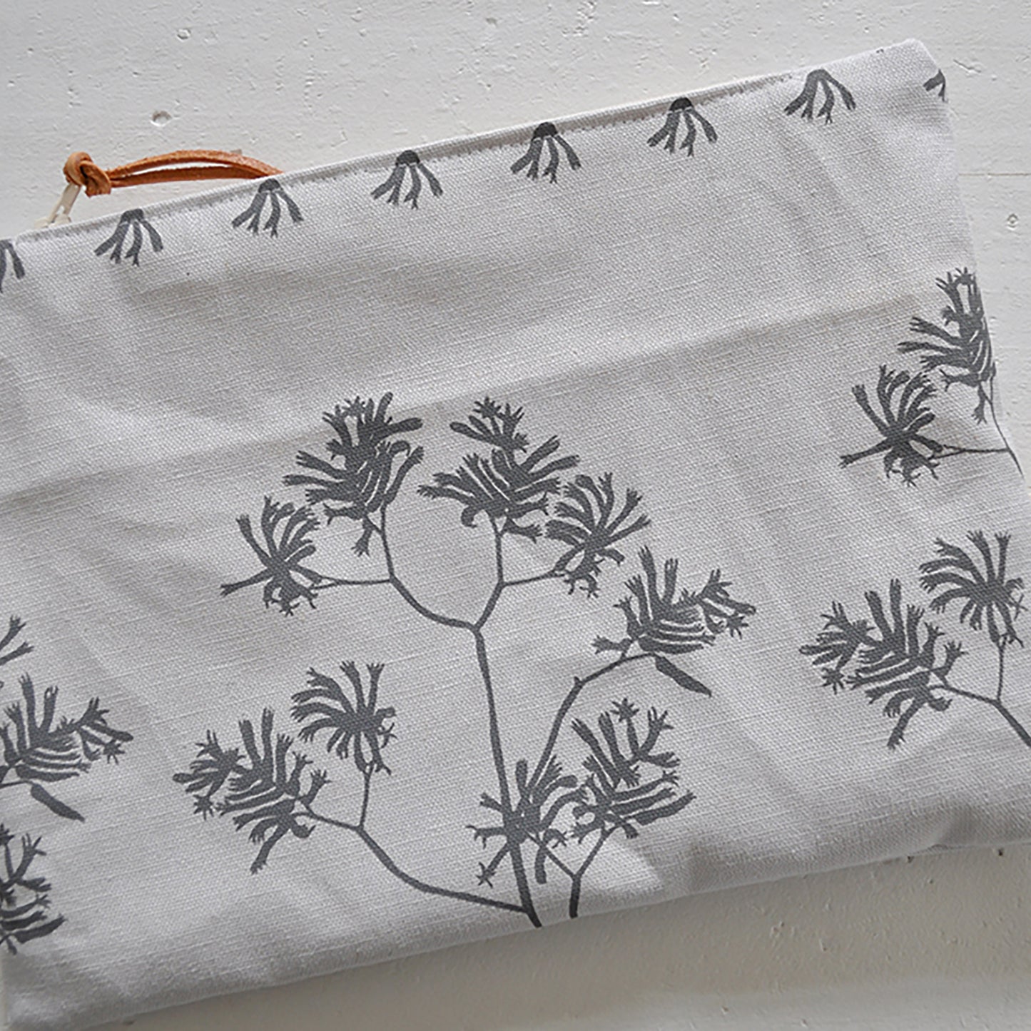 Pinch River zipper pouch featuring Kangaroo Paw print in Tempest (colourway 3_v1). Top view.