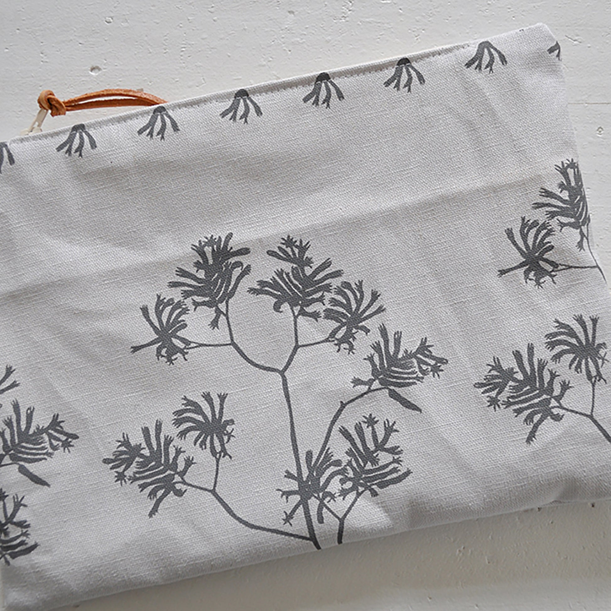 Pinch River zipper pouch featuring Kangaroo Paw print in Tempest (colourway 3_v1). Top view.