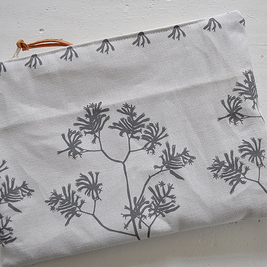 Pinch River zipper pouch featuring Kangaroo Paw print in Tempest (colourway 3_v1). Top view.