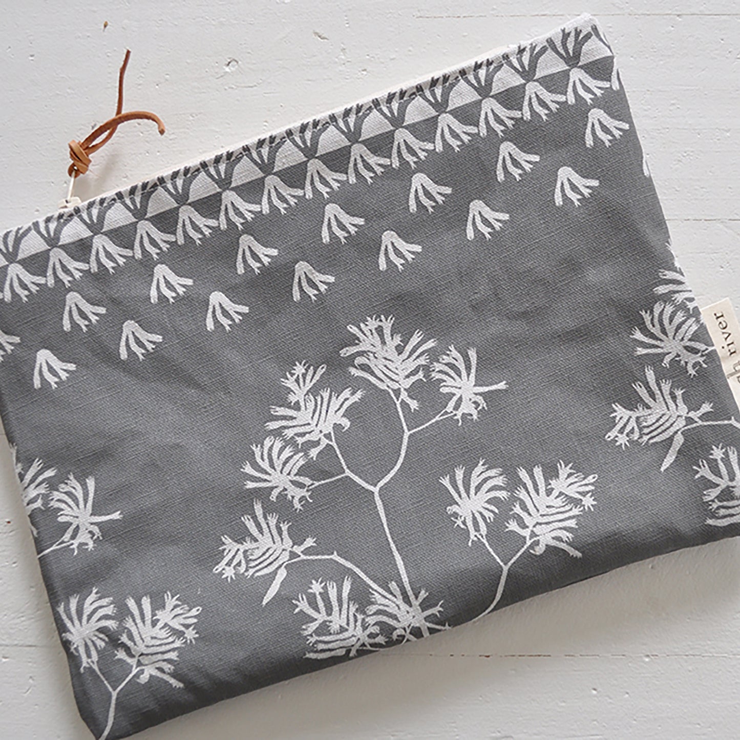 Pinch River zipper pouch featuring Kangaroo Paw print in Tempest (colourway 3_v2). Top view.