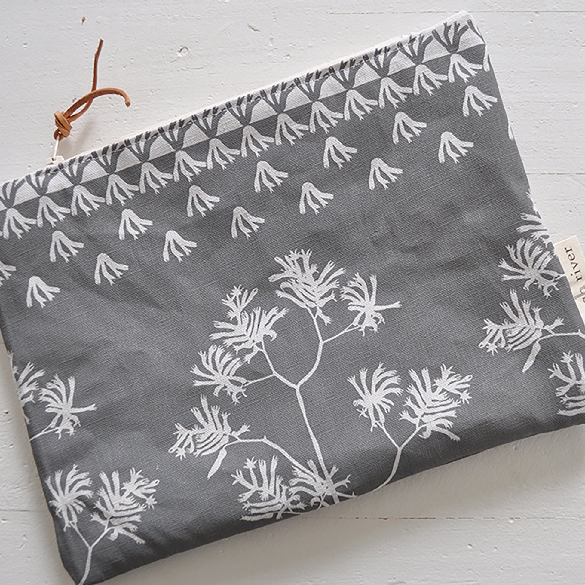 Pinch River zipper pouch featuring Kangaroo Paw print in Tempest (colourway 3_v2). Top view.