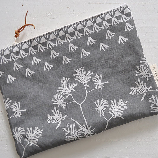 Pinch River zipper pouch featuring Kangaroo Paw print in Tempest (colourway 3_v2). Top view.