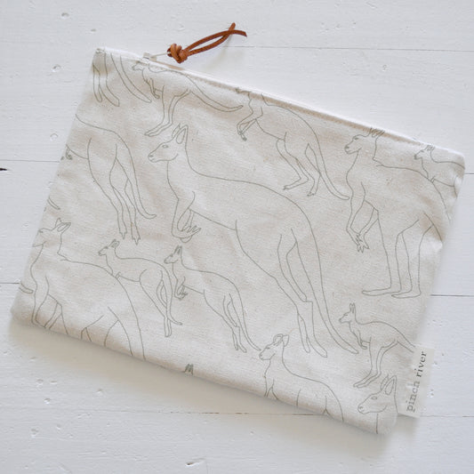 Pinch River zipper pouch featuring Kangaroos print in Moss Green (colourway 2). Top view.